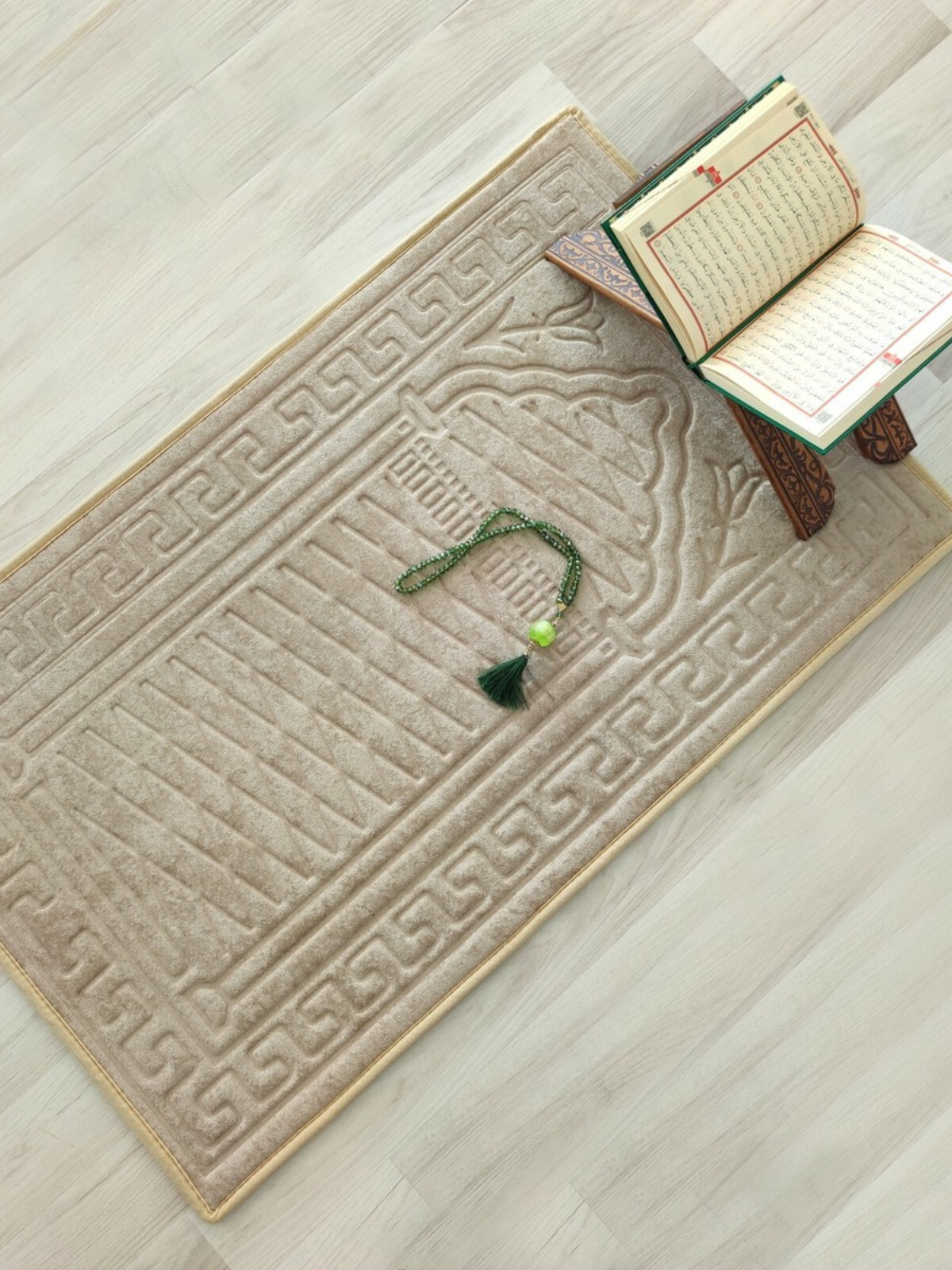 Classic Beige Prayer Mat with Kneeling Cushion, Polyester + Velvet